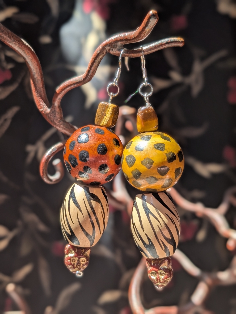 Big Chunky Cat Wood Bead Earrings Handmade